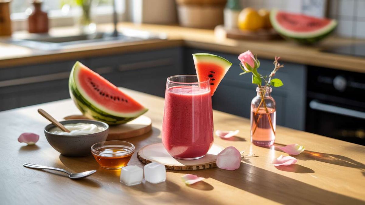 Un smoothie rafraîchissant à la pastèque et à l'eau de rose pour l'été