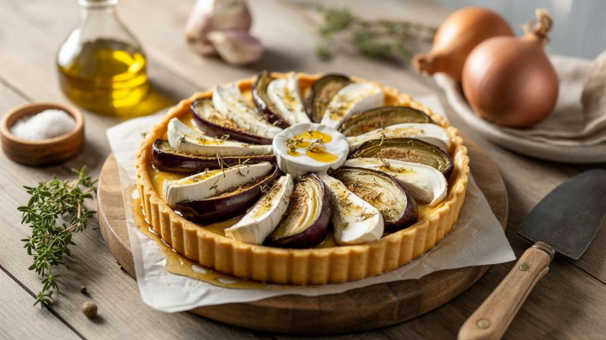 Une tarte délicieuse au chèvre frais et légumes caramélisés